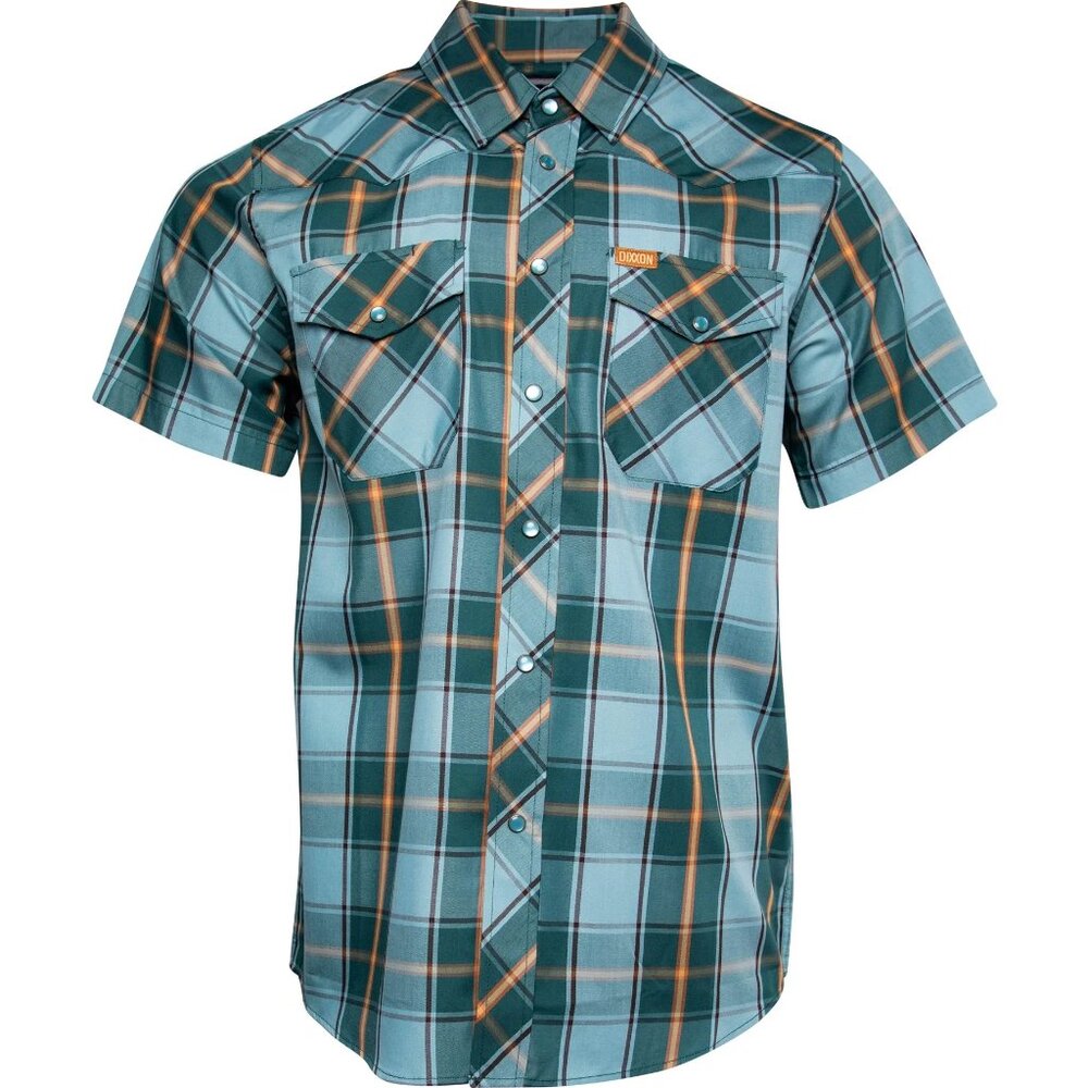 NWT Dixxon Flannel Silverton Green & Blue Plaid Pearl Snap Short Sleeve Bamboo